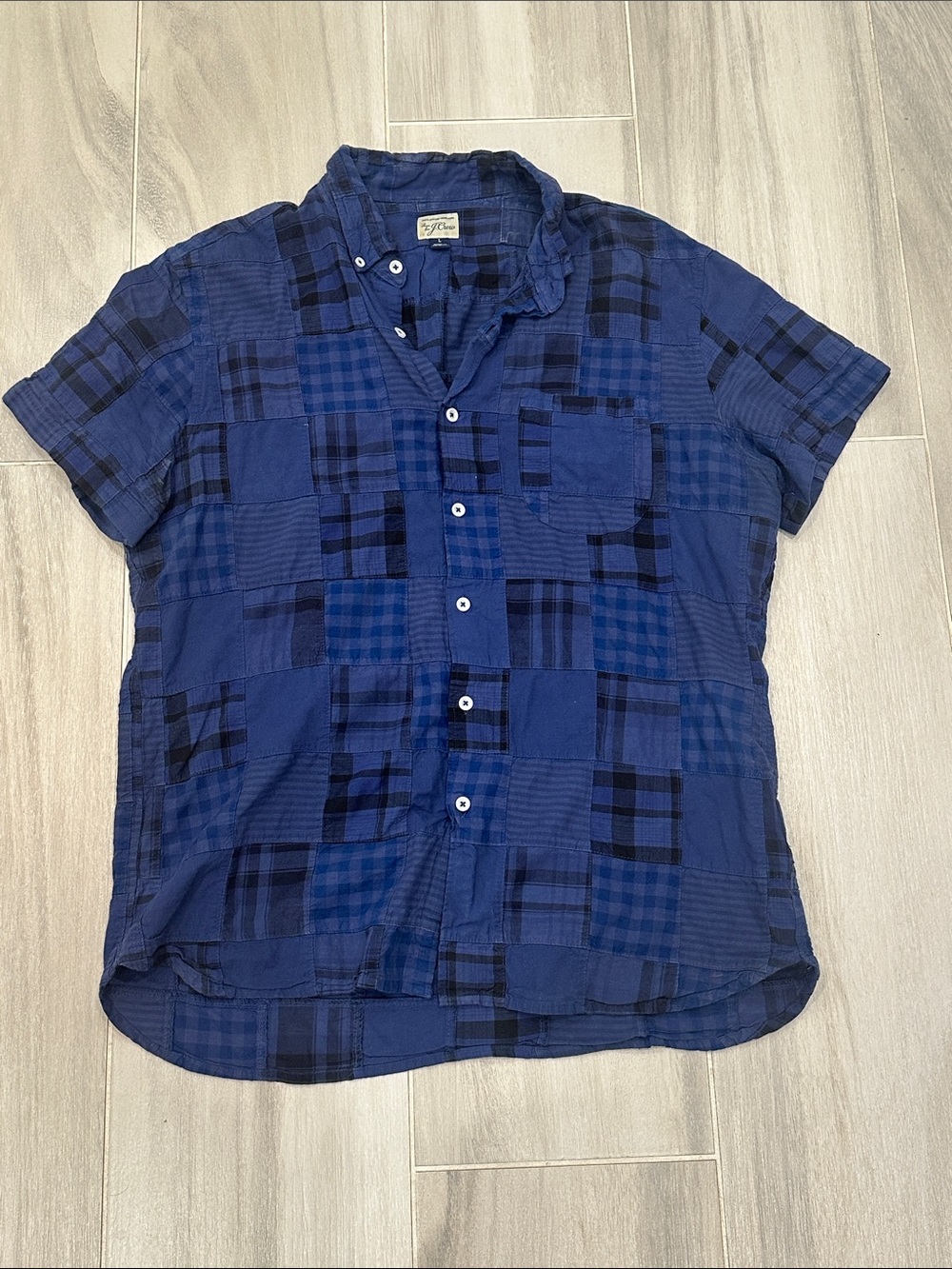 J.Crew Size Large Men's Blue Patchwork Madras Short Sleeve Button-Up Shirt